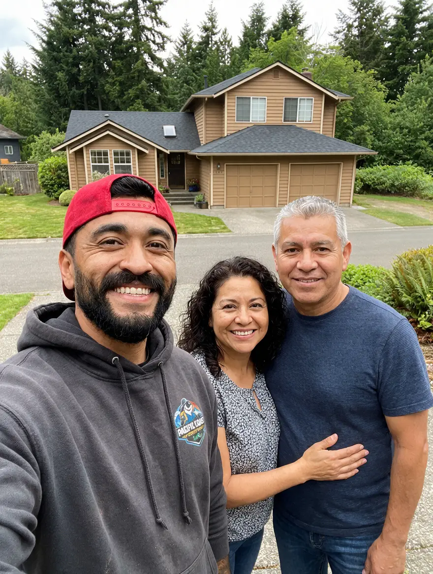 Pacific Coast Roofing crew member with homeowners in front of their newly roofed home